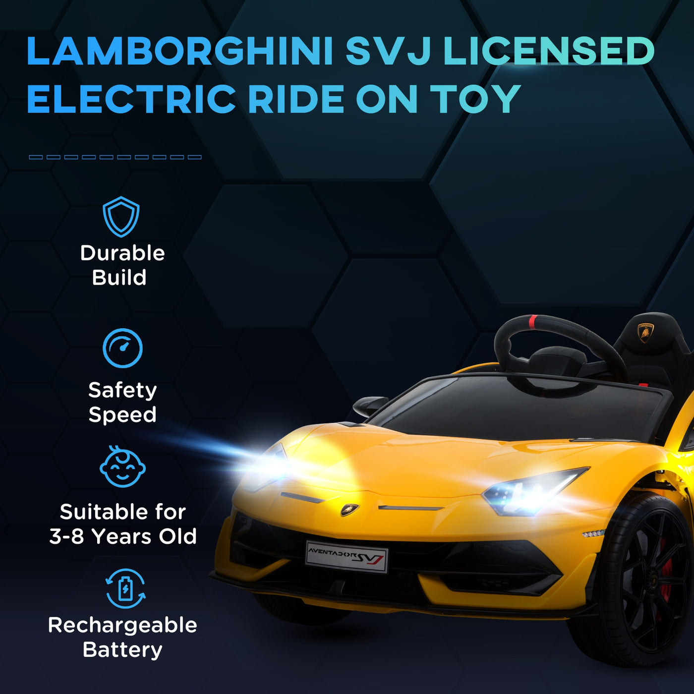 Compatible 12V Battery-powered Kids Electric Ride On Car Lamborghini Aventador Sports Racing Car Toy with Parental Remote Control Lights Yellow-3
