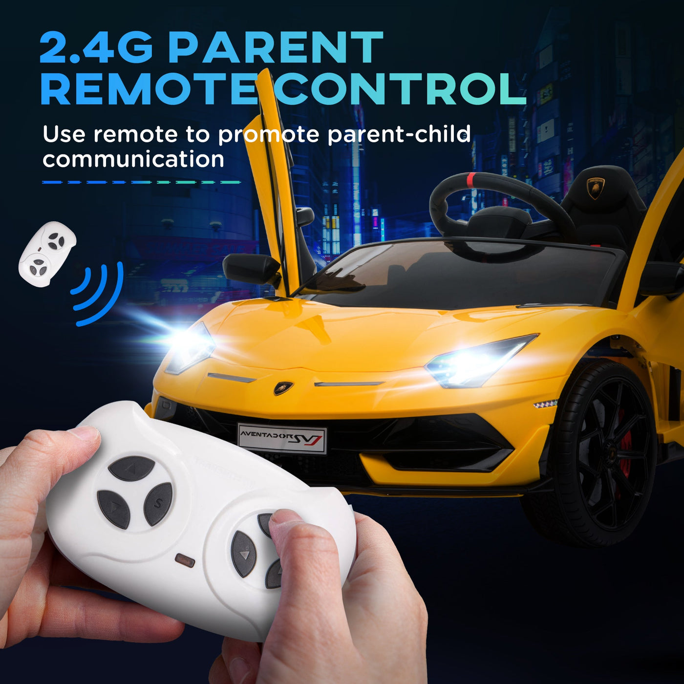 Compatible 12V Battery-powered Kids Electric Ride On Car Lamborghini Aventador Sports Racing Car Toy with Parental Remote Control Lights Yellow-4